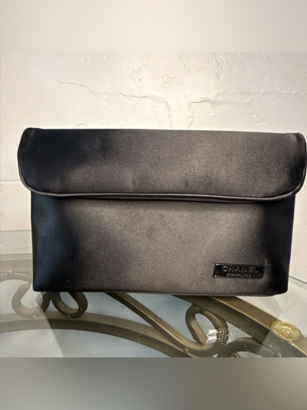 CHANEL Black Satin Magnetic Fold-Over Cosmetic Clutch